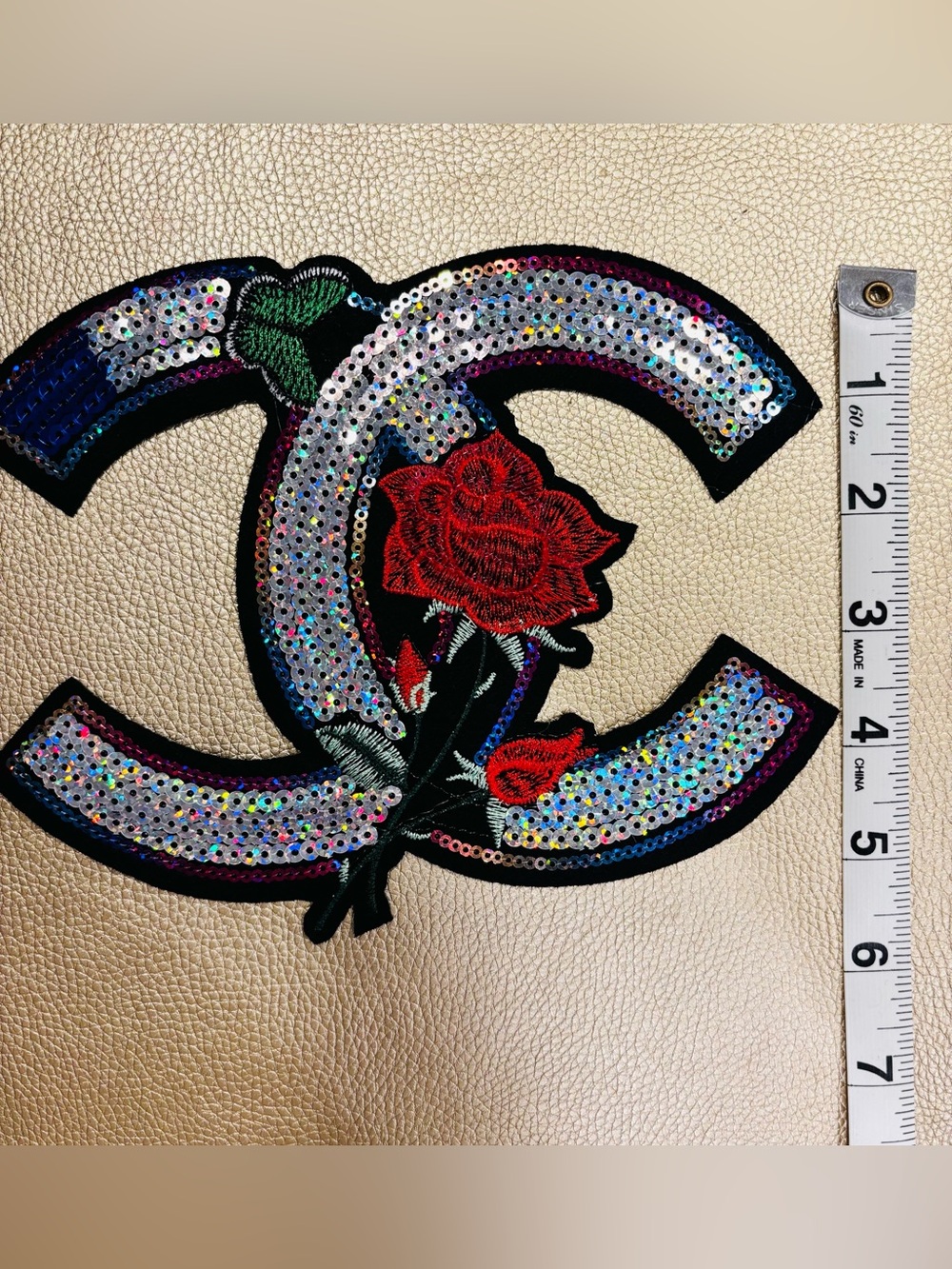 Sequin Double C Iron on Logo Patch with Red Rose Embroidery